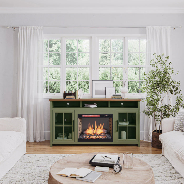 Legends Home Vineyard 74" Fireplace TV Stand in Sage Green & Fruitwood