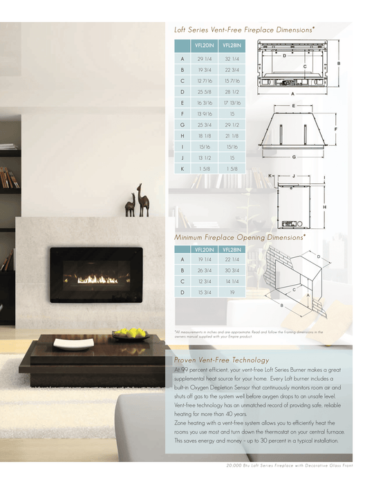 Empire 20-inch Ventless Gas Fireplace Loft Series, Black Reflective Liner, On/Off Switch with Thermostatic Remote Control, Variety of Crushed Glass Options, Optional Blower VFLC20IN