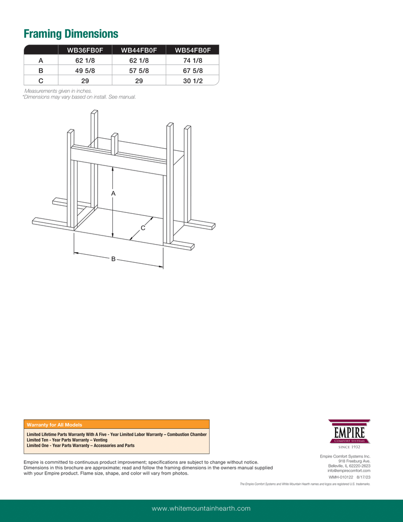 Empire 54-Inch by 34-inch Wood Fireplace Blackburn, Large Viewing Box, Steel and Refractory Brick Construction WB54FB0F