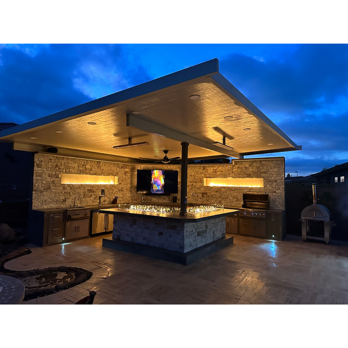 KoKoMo Luxury Outdoor Kitchen BBQ Island – High-Performance Grill, Searing Station, Smoker, Rotisserie, Beverage Station, Wine Cooler, Kegerator, Backlit Fireplace, Quartz/Granite/Porcelain Countertops, Entertainment System, LED Lighting, Custom Storage