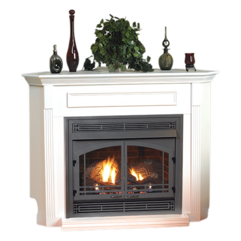 Empire Vail Ventless Gas Fireplace Mantel Combination White 17-inch x 45-inch, All-In-One Package Complete with Gas Logs, Burner, Hood, Outer Frame and Louvers, Easy Installation and Use