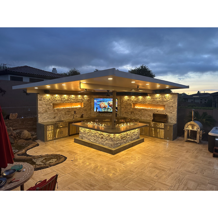 KoKoMo Luxury Outdoor Kitchen BBQ Island – High-Performance Grill, Searing Station, Smoker, Rotisserie, Beverage Station, Wine Cooler, Kegerator, Backlit Fireplace, Quartz/Granite/Porcelain Countertops, Entertainment System, LED Lighting, Custom Storage