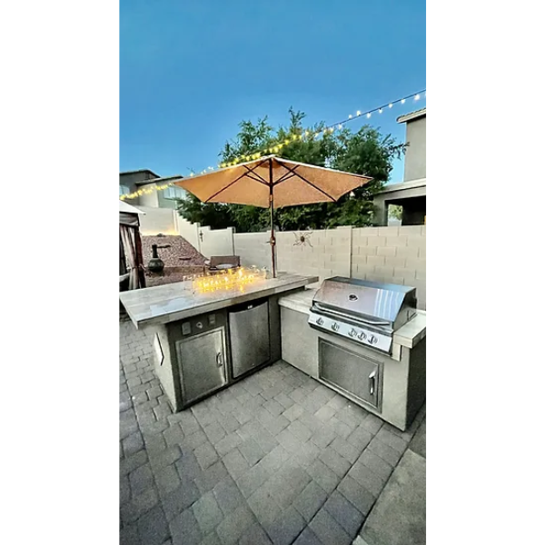 KoKoMo Baja Fire BBQ Island includes 4-Burner Built-in Grill, Firepit, Outdoor Refrigerator, Stainless Steel Doors, Porcelain Countertops, Modular L-Shape Design, Customizable, Lifetime Warranty – BAJA-FIRE