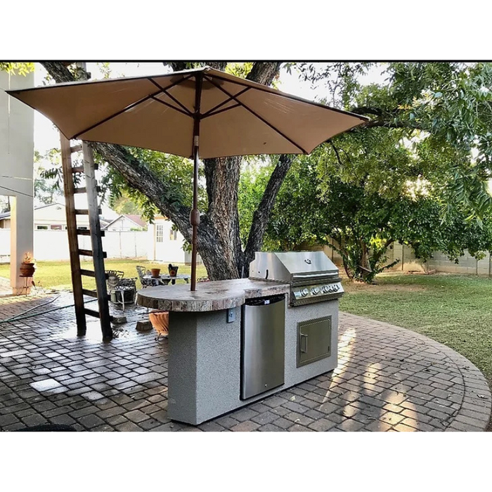 KoKoMo Maui 90-inch BBQ Island with LED Under-Counter Lighting, Built-in 4-Burner Gas BBQ Grill, Outdoor Refrigerator, Access Doors, Porcelain Tile Countertop, Stucco Spectrum Brown Exterior, Galvanized Steel Framing