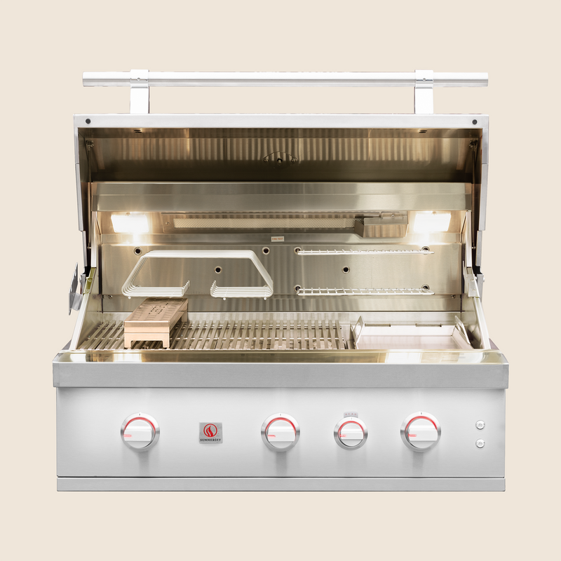 Summerset Quest 36-Inch Built-In Grill – 82,000 BTU with 3 Cast Stainless Burners & Rear Infrared Burner, 304 Stainless Steel, LED Knobs, Interior Halogen Lights, 9mm Grates, Spring-Assisted Hood