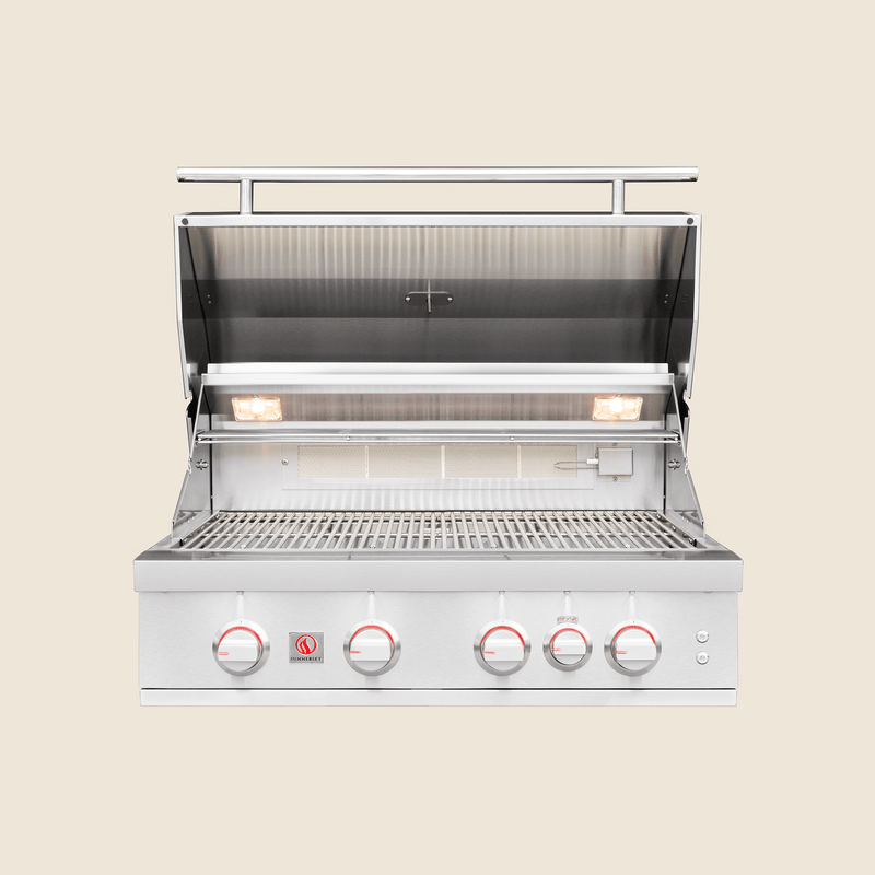 Summerset Sizzler Pro 32" Built-In Natural Gas Grill – 4-Burner, 75,000 BTU, Infrared Rear Burner, LED Knobs, Halogen Interior Lights, #304 Stainless Steel, Flame Thrower Ignition, Heavy-Duty 8mm Grates