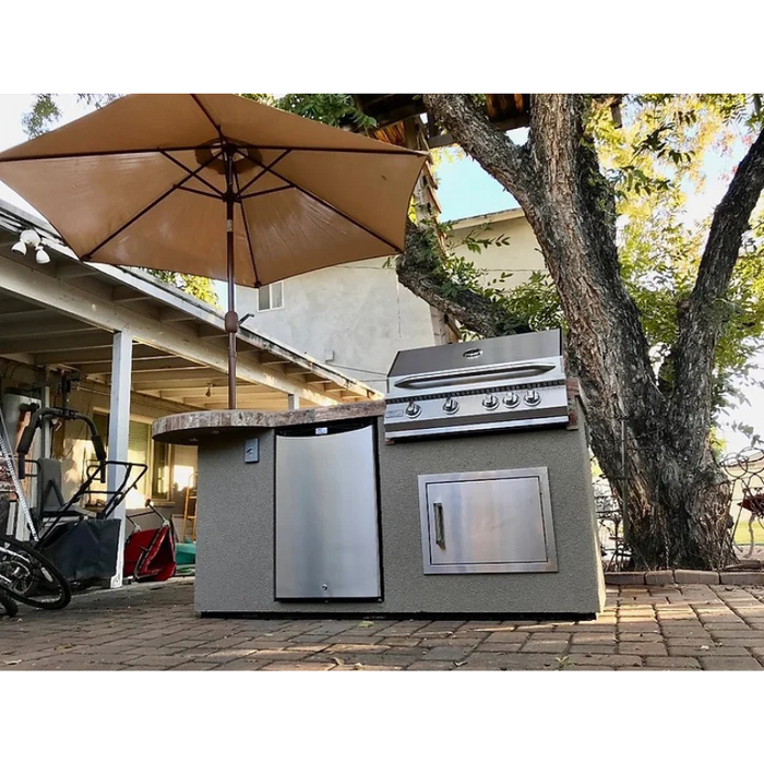 KoKoMo Maui 90-inch BBQ Island with LED Under-Counter Lighting, Built-in 4-Burner Gas BBQ Grill, Outdoor Refrigerator, Access Doors, Porcelain Tile Countertop, Stucco Spectrum Brown Exterior, Galvanized Steel Framing