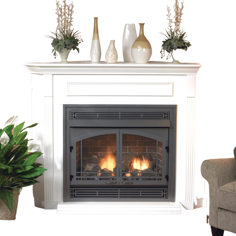 Empire Vail Ventless Gas Fireplace Mantel Combination White 17-inch x 45-inch, All-In-One Package Complete with Gas Logs, Burner, Hood, Outer Frame and Louvers, Easy Installation and Use