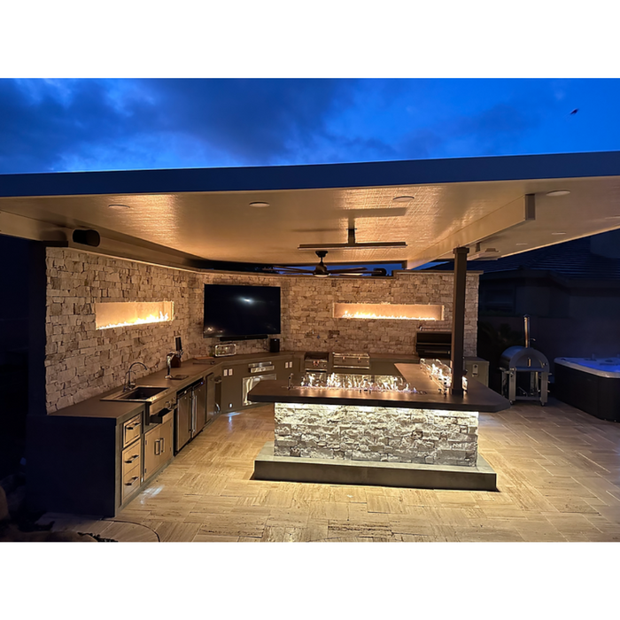 KoKoMo Luxury Outdoor Kitchen BBQ Island – High-Performance Grill, Searing Station, Smoker, Rotisserie, Beverage Station, Wine Cooler, Kegerator, Backlit Fireplace, Quartz/Granite/Porcelain Countertops, Entertainment System, LED Lighting, Custom Storage