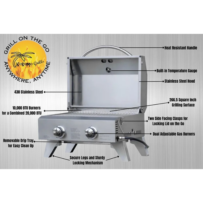 KoKoMo 22-inch Portable Tabletop Gas BBQ Grill, Dual 10,000 BTU Burners, 430 Stainless Steel, Built-In Temp Gauge, Locking Lid, 266 Sq-Inch Cooking Surface – KO-PTBL