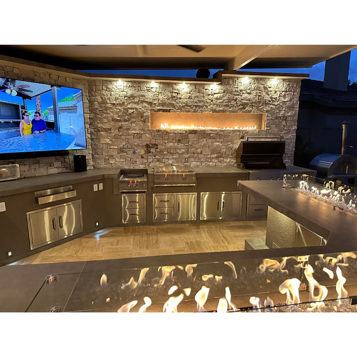 KoKoMo Luxury Outdoor Kitchen BBQ Island – High-Performance Grill, Searing Station, Smoker, Rotisserie, Beverage Station, Wine Cooler, Kegerator, Backlit Fireplace, Quartz/Granite/Porcelain Countertops, Entertainment System, LED Lighting, Custom Storage