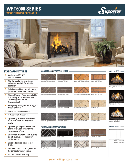 Superior 42-Inch Wood Fireplace Insert with 30-inch Tall Opening, Designer Mosaic Masonry Firebrick Liners (Multi Colored Options), WRT6042