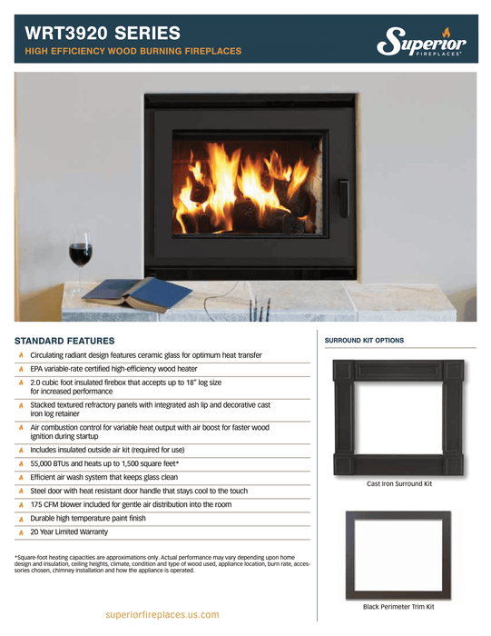 Superior 36-inch High-Efficiency Wood Burning Fireplace Insert with Blower, Air Kit & Ceramic Glass,  EPA Certified Non-Catalytic, WRT3920