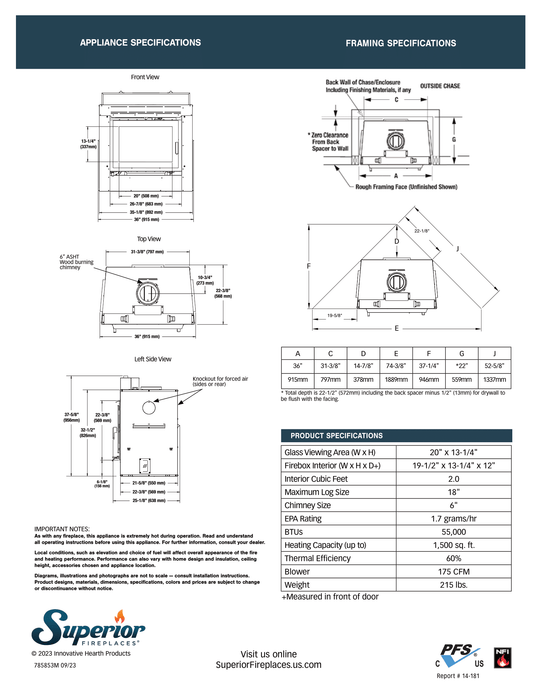 Superior 36-inch High-Efficiency Wood Burning Fireplace Insert with Blower, Air Kit & Ceramic Glass,  EPA Certified Non-Catalytic, WRT3920