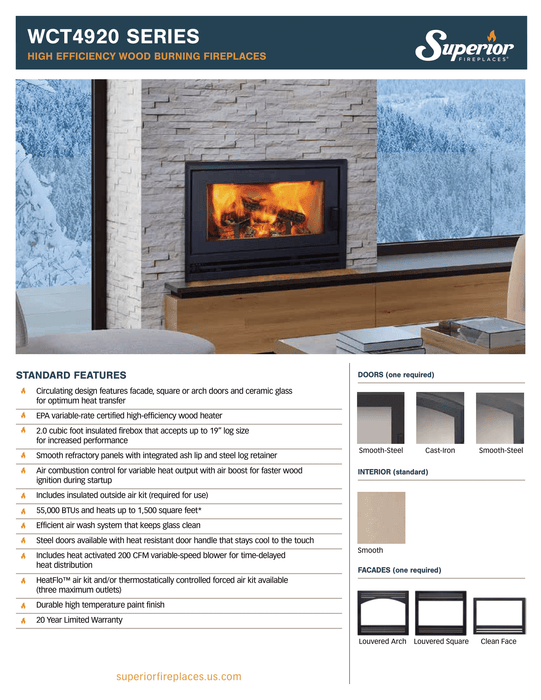 Superior 22-inch Firebox High-Efficiency Wood Burning Fireplace with Ceramic Glass Door,  EPA Certified Non-Catalytic, WCT4920