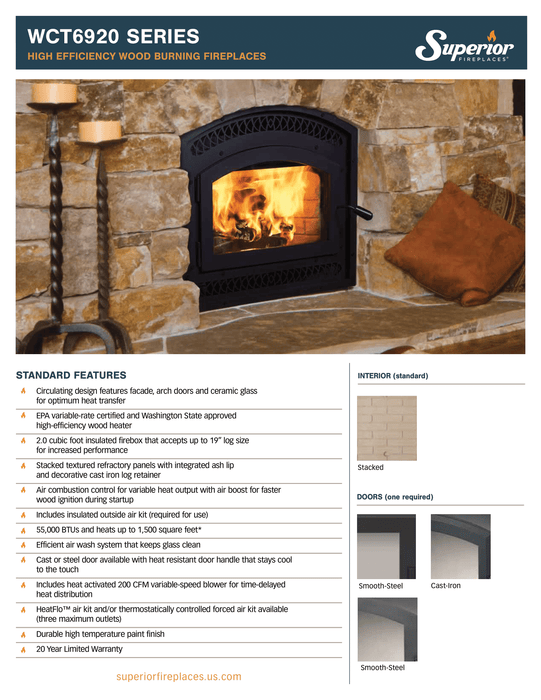 Superior EPA Certified Wood Burning Fireplace Insert with Blower, Air Kit & Ceramic Glass, Washington State Approved, Non-Catalytic, WCT6920