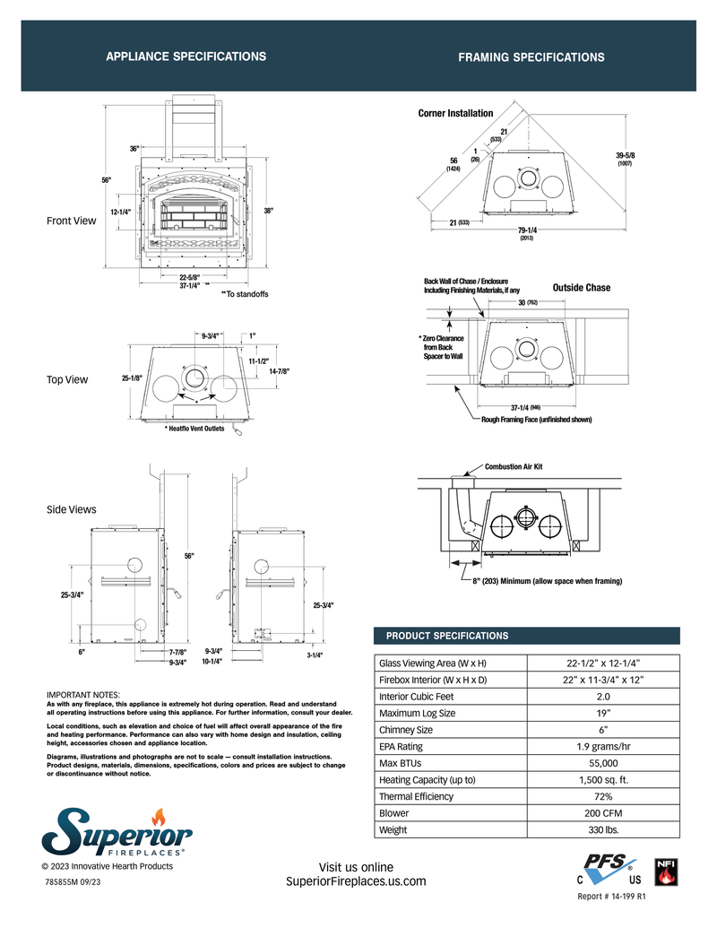 Superior EPA Certified Wood Burning Fireplace Insert with Blower, Air Kit & Ceramic Glass