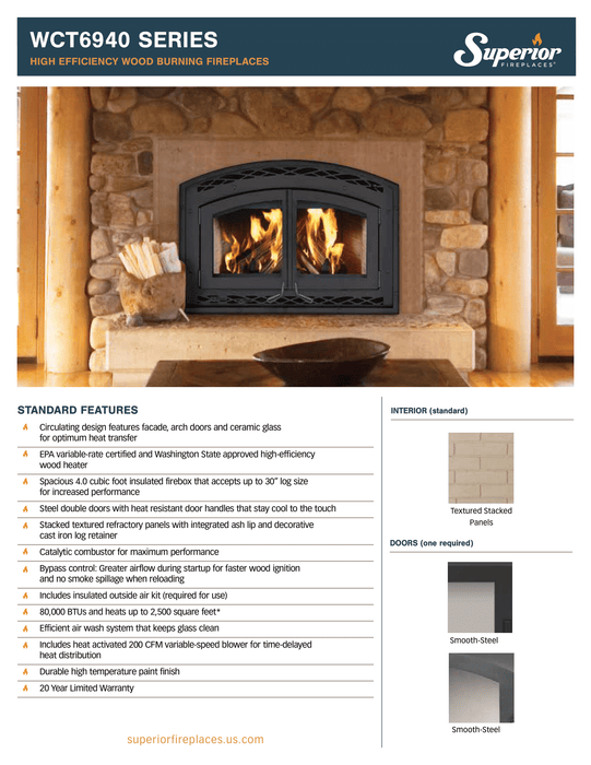 Superior Large Wood Burning Fireplace Insert with Blower, Air Kit & Ceramic Glass, EPA Certified, Washington State Approved, Non-Catalytic, WCT6940