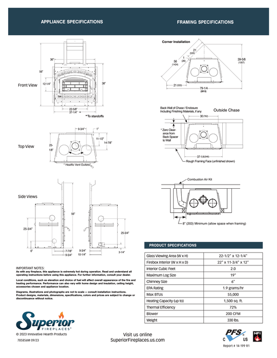 Superior Large Wood Burning Fireplace Insert with Blower, Air Kit & Ceramic Glass, EPA Certified, Washington State Approved, Non-Catalytic, WCT6940