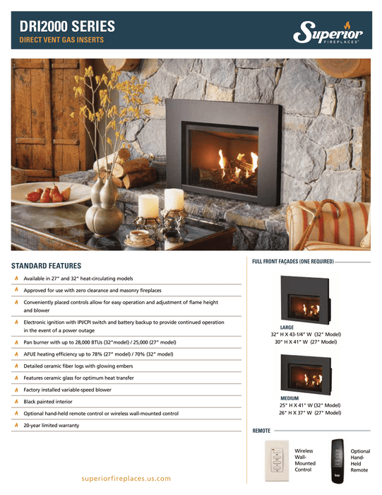 Superior 32-Inch Direct Vent Gas Fireplace Insert DRI2032, Traditional Firebox Design, Ceramic Glass, Built-In Installation, Electronic Ignition, Smart Controls, and Efficient Heating Performance