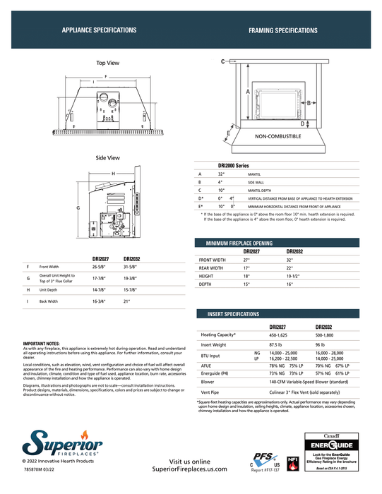 Superior 32-Inch Direct Vent Gas Fireplace Insert DRI2032, Traditional Firebox Design, Ceramic Glass, Built-In Installation, Electronic Ignition, Smart Controls, and Efficient Heating Performance