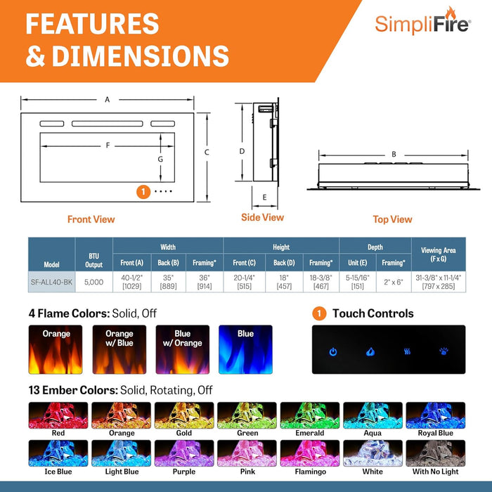 SimpliFire Allusion Recessed Linear Electric Fireplace Remote and Clear Crystal Media Included, Adjustable Flames and Heat, Wall Mount Option Available