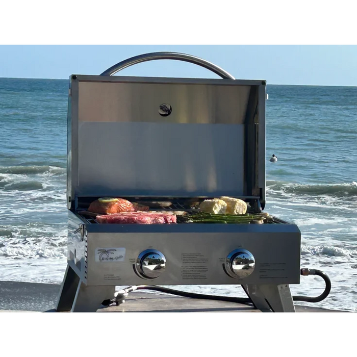 KoKoMo 22-inch Portable Tabletop Gas BBQ Grill, Dual 10,000 BTU Burners, 430 Stainless Steel, Built-In Temp Gauge, Locking Lid, 266 Sq-Inch Cooking Surface – KO-PTBL