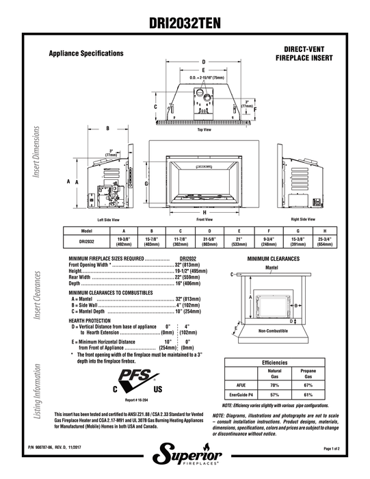 Superior 32-Inch Direct Vent Gas Fireplace Insert DRI2032, Traditional Firebox Design, Ceramic Glass, Built-In Installation, Electronic Ignition, Smart Controls, and Efficient Heating Performance