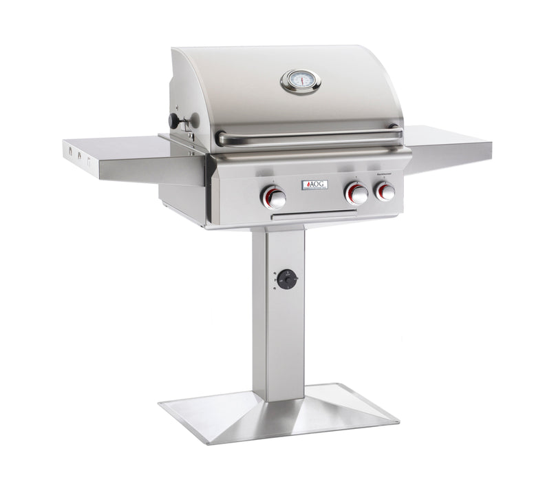 American Outdoor Grill T-Series 24-Inch Patio Post Gas Grill with Base, 2 Burners, Optional Rotisserie, Heavy-Duty Stainless Steel, Piezo Ignition (No Electricity) - 24NPT