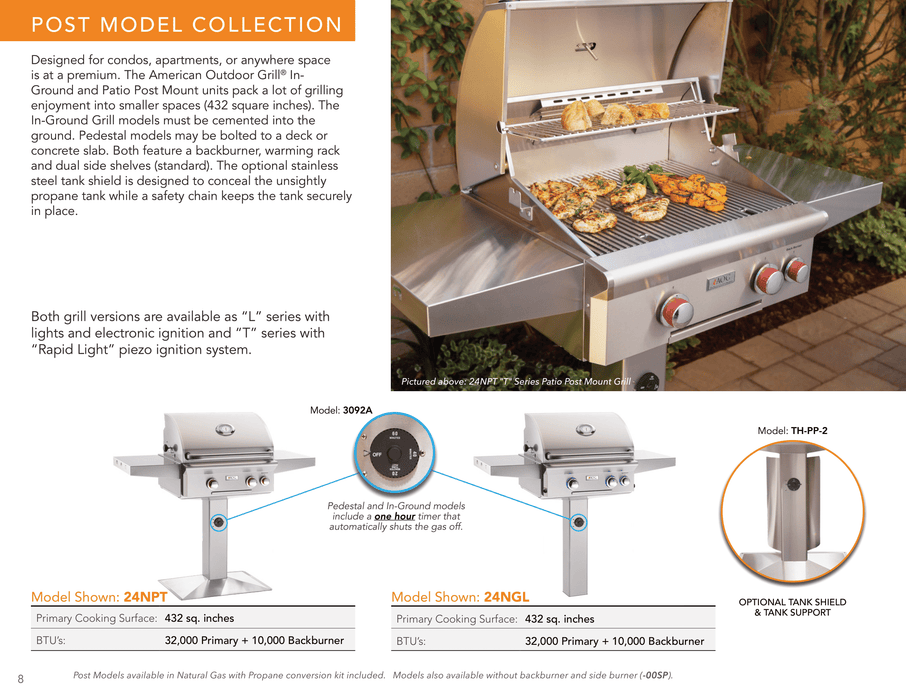 American Outdoor Grill T-Series 24-Inch Patio Post Gas Grill with Base, 2 Burners, Optional Rotisserie, Heavy-Duty Stainless Steel, Piezo Ignition (No Electricity) - 24NPT