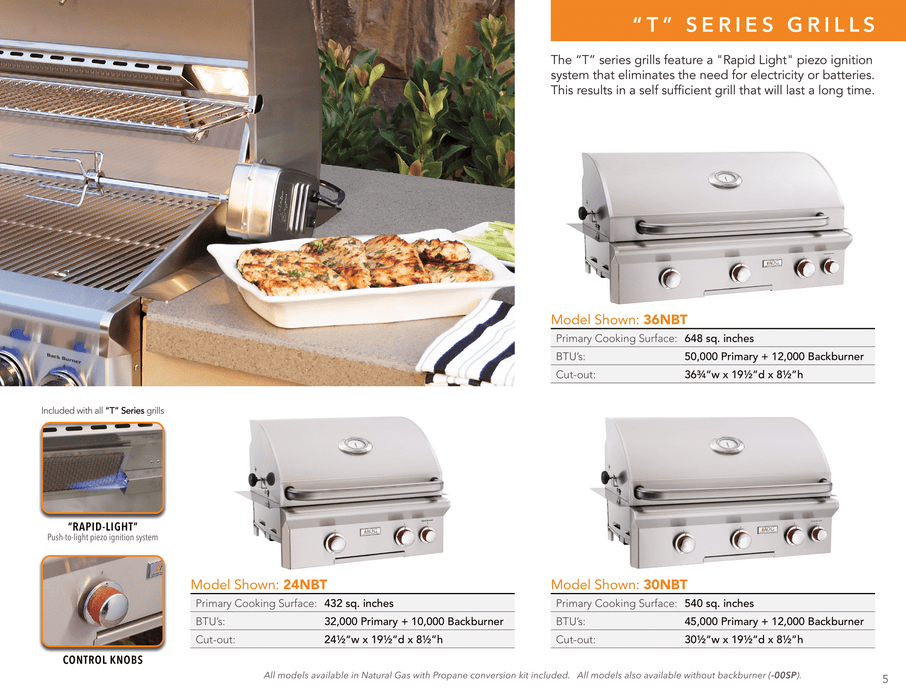 American Outdoor Grill T-Series 24-Inch Patio Post Gas Grill with Base, 2 Burners, Optional Rotisserie, Heavy-Duty Stainless Steel, Piezo Ignition (No Electricity) - 24NPT