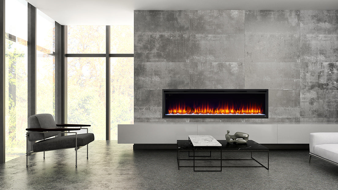 SimpliFire Allusion Platinum Electric Fireplace Available in 50", 60", and 72" Sizes, Recessed or Wall-Mount Installation Option, 14 Ember Bed Colors, Four Flame Effects, Remote Included