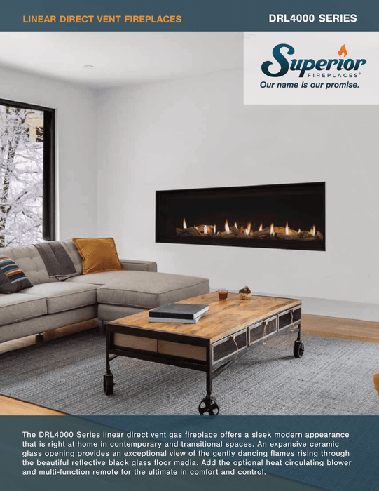 Superior 48 inch Linear Direct Vent Gas Fireplace, Natural Gas, Frameless Design, Expansive Viewing Area, Adjustable Flame Modulation, Ceramic Glass, Remote Control Operation, Safety Shut-Off, and Reliable Year-Round Performance, DRL4048