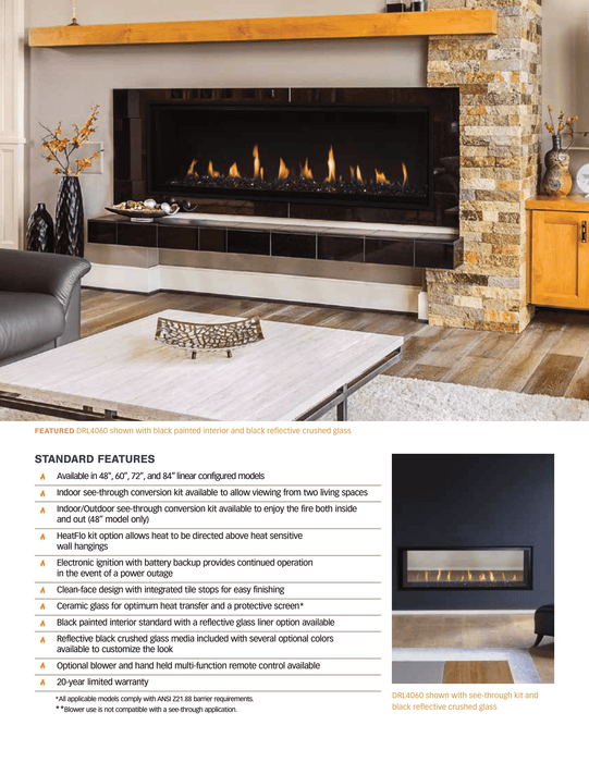 Superior 48 inch Linear Direct Vent Gas Fireplace, Natural Gas, Frameless Design, Expansive Viewing Area, Adjustable Flame Modulation, Ceramic Glass, Remote Control Operation, Safety Shut-Off, and Reliable Year-Round Performance, DRL4048