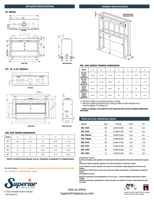 Superior 48 inch Linear Direct Vent Gas Fireplace, Natural Gas, Frameless Design, Expansive Viewing Area, Adjustable Flame Modulation, Ceramic Glass, Remote Control Operation, Safety Shut-Off, and Reliable Year-Round Performance, DRL4048