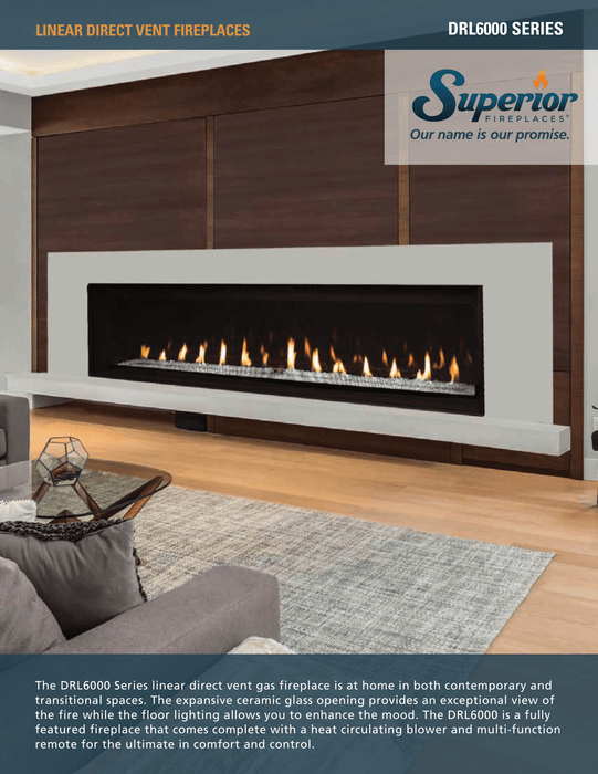 Superior 60 inch Linear Direct Vent Gas Fireplace DRL6060, Natural Gas, Frameless Design, Expansive Viewing Area, Adjustable Flame Modulation, Ceramic Glass, Remote Control Operation, Safety Shut-Off, and Reliable Year-Round Performance