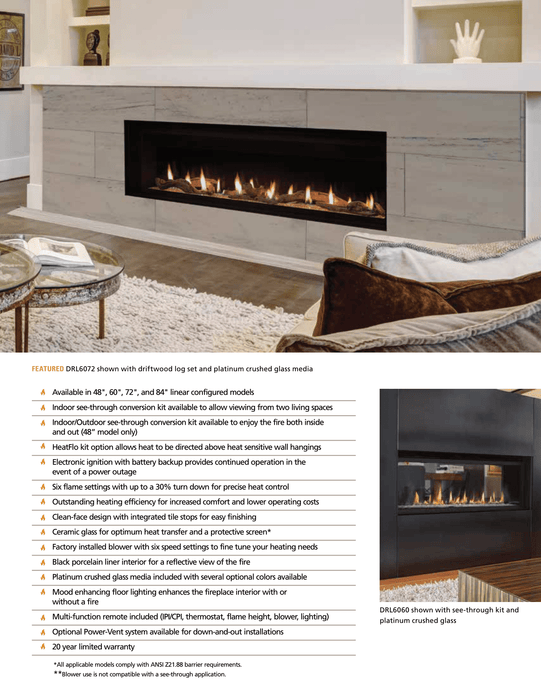 Superior 60 inch Linear Direct Vent Gas Fireplace DRL6060, Natural Gas, Frameless Design, Expansive Viewing Area, Adjustable Flame Modulation, Ceramic Glass, Remote Control Operation, Safety Shut-Off, and Reliable Year-Round Performance