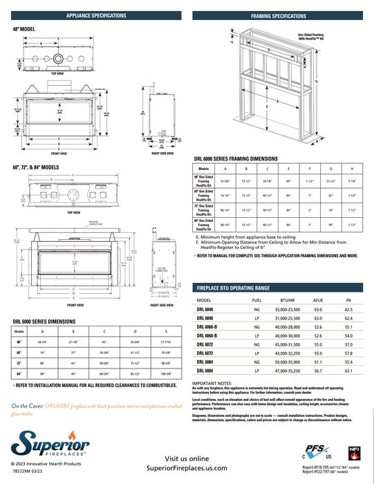 Superior 60 inch Linear Direct Vent Gas Fireplace DRL6060, Natural Gas, Frameless Design, Expansive Viewing Area, Adjustable Flame Modulation, Ceramic Glass, Remote Control Operation, Safety Shut-Off, and Reliable Year-Round Performance