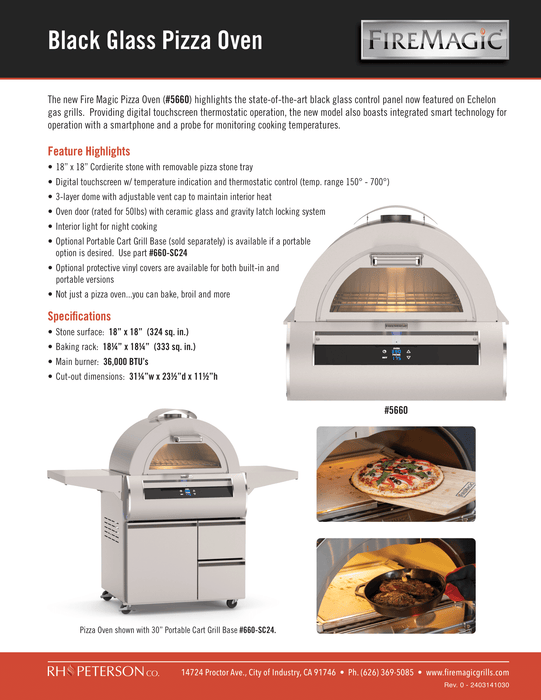 Fire Magic 30-Inch Echelon Freestanding Gas Pizza Oven with Black Touchscreen Glass Controls, Up to 750°F for Brick-Oven-Style Cooking, Integrated Smart Technology, Stainless Steel Construction, Cordierite Pizza Stone - Model 5660 + 660-SC24 Cart