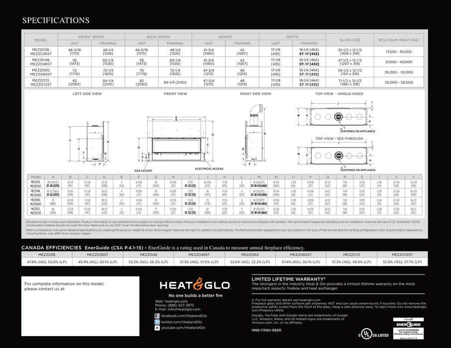 Heat & Glo Mezzo Direct Vent Linear Gas Fireplace – Custom Front Options, IntelliFire Touch, LED Glass Bed & Black Reflective Interior