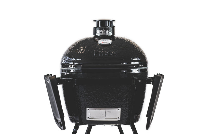 Primo Oval LG 300 All-In-One Kamado Charcoal Grill – Made in USA, 300 sq in Cooking Area, Freestanding Ceramic BBQ with Cradle, Shelves, Tools