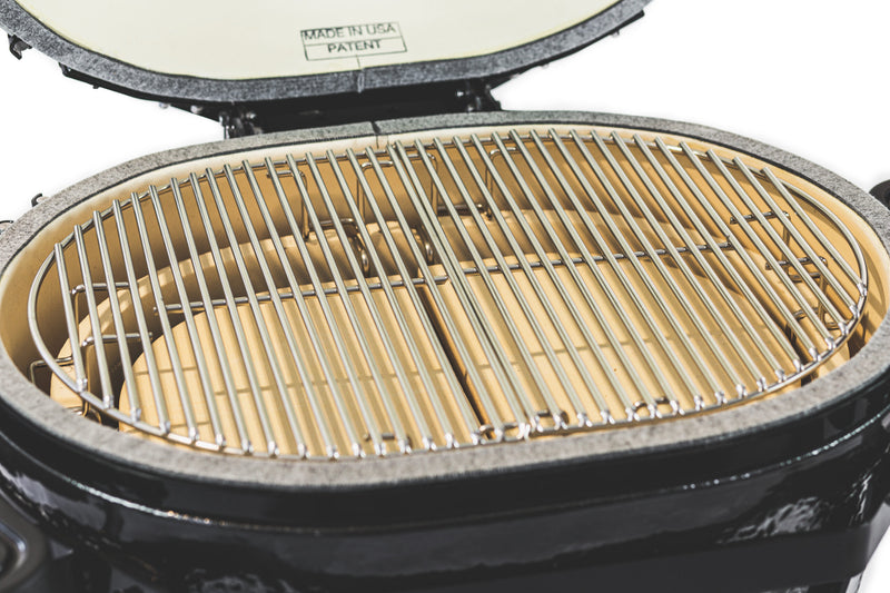 Primo Oval LG 300 All-In-One Kamado Charcoal Grill – Made in USA, 300 sq in Cooking Area, Freestanding Ceramic BBQ with Cradle, Shelves, Tools