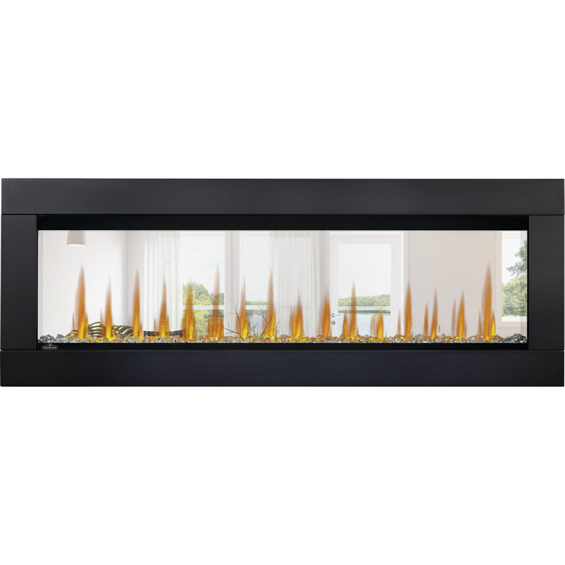 Napoleon CLEARion Elite See-Through Built-In Electric Fireplace, Dual-Zone Heating, Smart Privacy Glass (Clear to Opaque), 10,000 BTU, Orange/Blue Flames, 15 Ember Colors, Logs & Crystal Media Included
