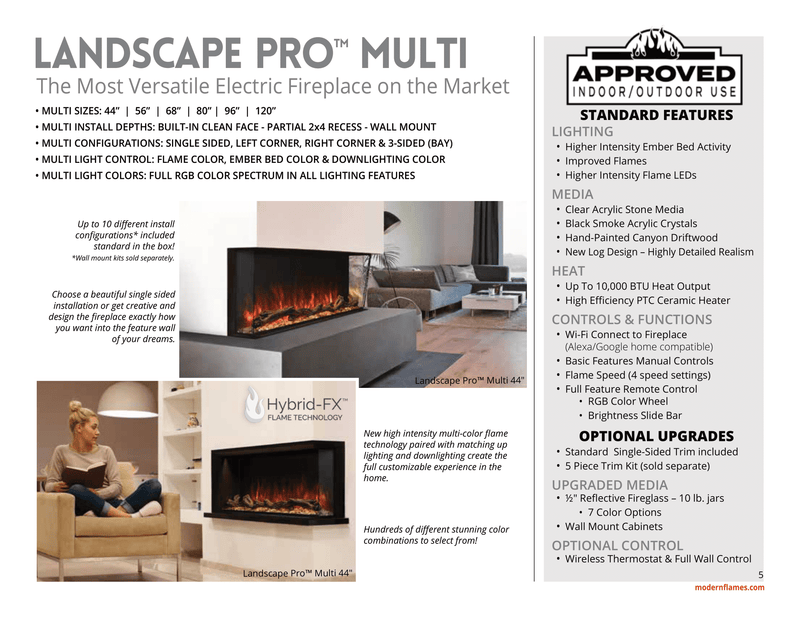 Modern Flames Landscape Pro Multi Electric Fireplace, Available in 44" 56" 68" 80" 96" 120", Built-in Heater, Multi-Sided View, Wi-Fi Control, RGB Flame, Indoor & Outdoor