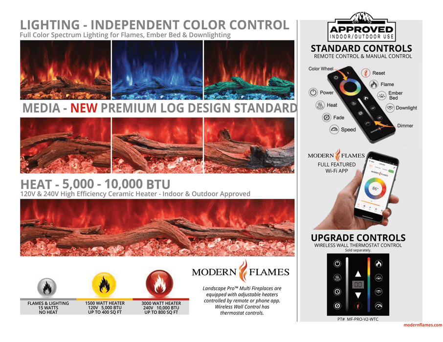 Modern Flames 120 inch Electric Fireplace Insert Landscape Pro Multi, Built In Heater, Multi Sided View, Wi-Fi Control, RGB Flame, Indoor & Outdoor, LPM-12016