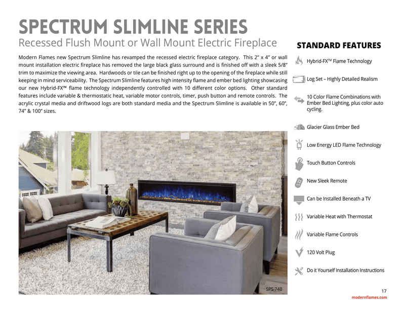 Modern Flames Spectrum Slimline Series Linear Electric Fireplace, Recessed or Wall-Mounted 50″, 60″, 74″, 100″