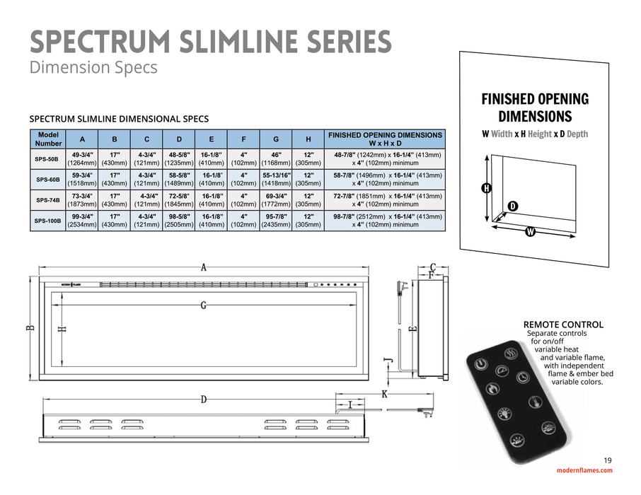 Modern Flames 100 inch Wall Mounted Electric Fireplace, Spectrum Slimline, 12 Flame Colors, Touch Screen Controls, SPS-100B