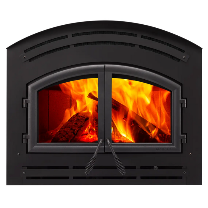 Majestic WarmMajic-II Wood Fireplace Insert, 37-inch Wide Viewing Area, Ceramic Glass, Duel Fans, Arched Steel Face, Outside Air Hood, Lined with Firebrick