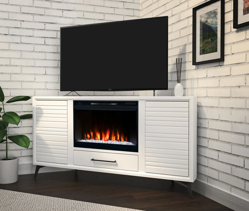 realcozy 64-inch Malibu Corner Fireplace TV Stand, Hand-Made, Multiple Color Finishes, Built-in Heater, Supports up to 75 inch TV, Real Wood, Cable Management, Customizable Flames, No Assembly Required