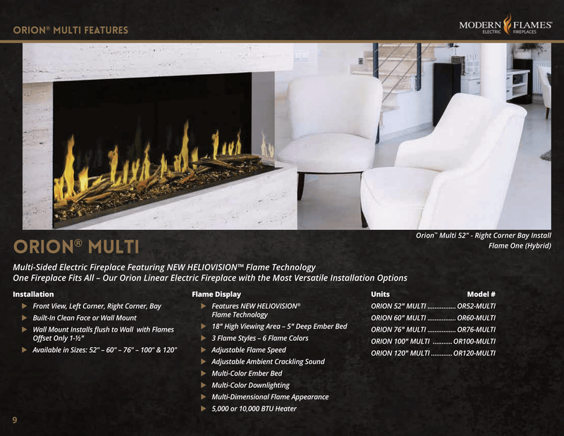 Modern Flames Orion Multi-Sided Linear Electric Fireplace, 52 60" 76" 100" 120", HELIOVISION™ Flame, Wi-Fi Control